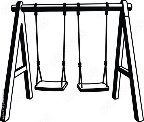 A simple black and white illustration of a classic two seat swing set