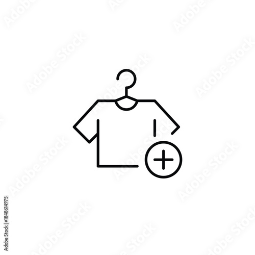 New item, stock add, apparel update. T-shirt on laundry rack and plus. Pixel perfect, editable stroke vector icon