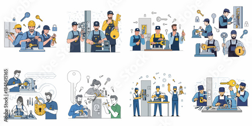 A collage of vignettes illustrating locksmith professionals performing key cutting, lock repair, installation, and security services.