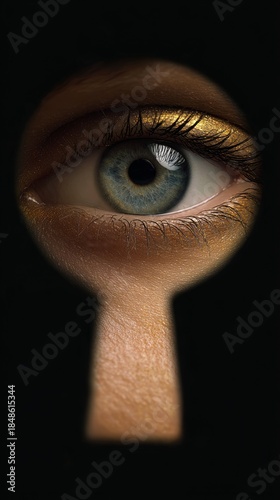 Green eye peering through dark keyhole closeup