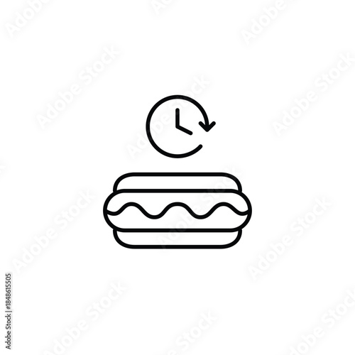 Hot dog in a bun and clock. Food scheduled delivery and meal pick-up on time. Pixel perfect, editable stroke vector icon