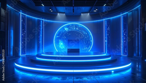 Futuristic Stage with Glowing Blue Lights and Sphere Display in a Dark Environment