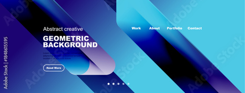 Abstract geometric background design. Blue gradients, text overlays, navigation menu present. Modern aesthetic, simple layout.