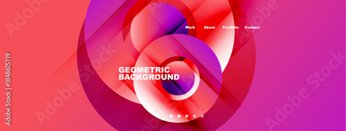 Abstract geometric background. Vibrant colors blend, creating dynamic visual effect. Navigation links present work, about, portfolio, contact.