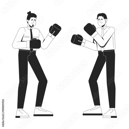 Office fight line illustration concept. Corporate rivalry. Toxic competition. Leadership conflict. Rivals colleagues in boxing gloves outline 2D characters isolated. Ink linear metaphor vector art