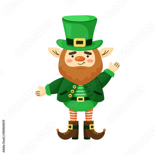 Cute leprechaun in green top hat waves his hand in friendly manner. Hand drawn vector illustration. Object on white background. Design element for Saint Patricks Day.