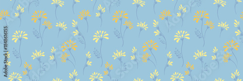 Bright seamless floral vector pattern with cheerful yellow blossoms and soft blue stems on a light blue background, creating a fresh spring inspired design ideal for textiles, decor
