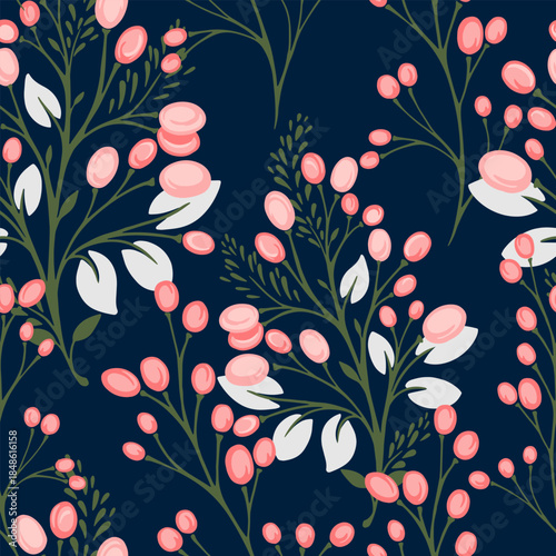 Seamless vector pattern featuring soft pink berries, white leaves, and green stems on a deep navy background. A fresh botanical design ideal for fabric prints, stationery, and decor