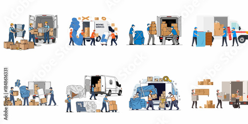 Professional Moving Services Illustrations: Workers Loading Boxes and Furniture into Delivery Vans for Relocation and Logistics.
