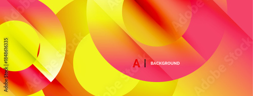 Abstract vibrant design. Overlapping circles create dynamic colorful background. Gradient shades, yellow, orange, pink hues dominate composition.