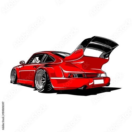 Red widebody sports car vector illustration with large rear spoiler isolated