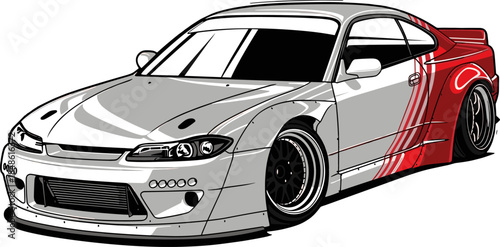 Silver modified sports car vector illustration with red racing graphics