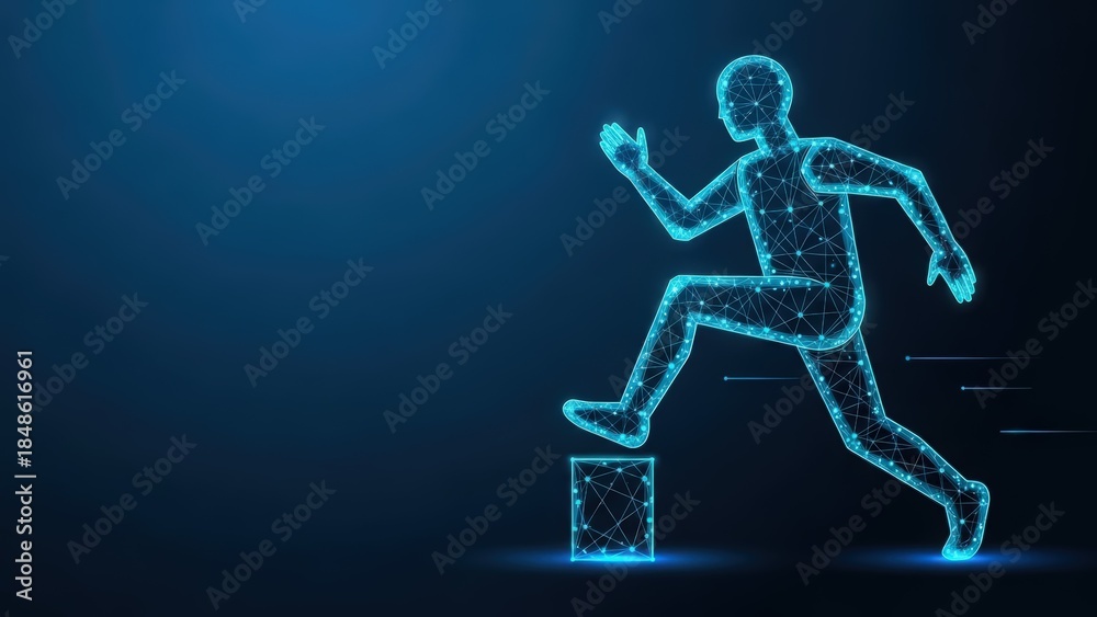 Fototapeta premium A glowing digital human silhouette leaping over a geometric cube representing progress and achievement in a futuristic blue background