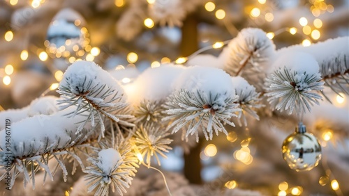 Snowy pine branch with christmas lights