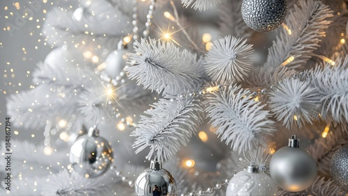 Elegant white christmas tree with silver ornaments