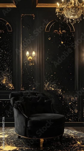 A luxurious interior featuring a black tufted armchair, gold accents, and a crystal chandelier