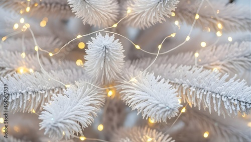 Close-up of snowy pine branches with string lights