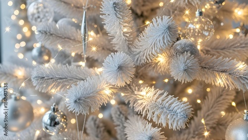Elegant white christmas tree with twinkling lights