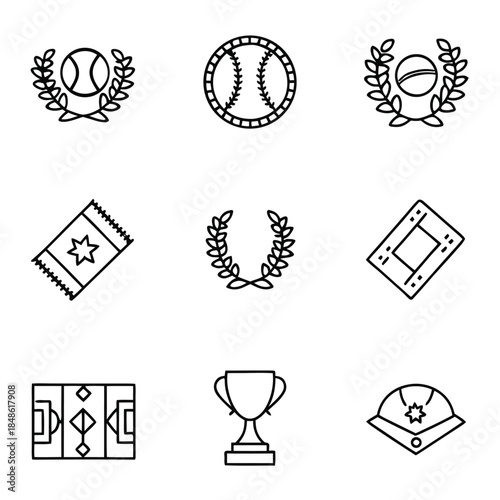 A collection of icons representing baseball, tickets, a trophy, and a sports field.