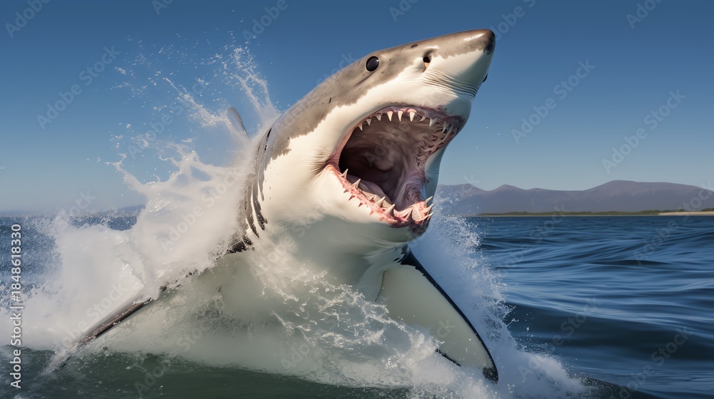Obraz premium Great white shark breaching the ocean surface.