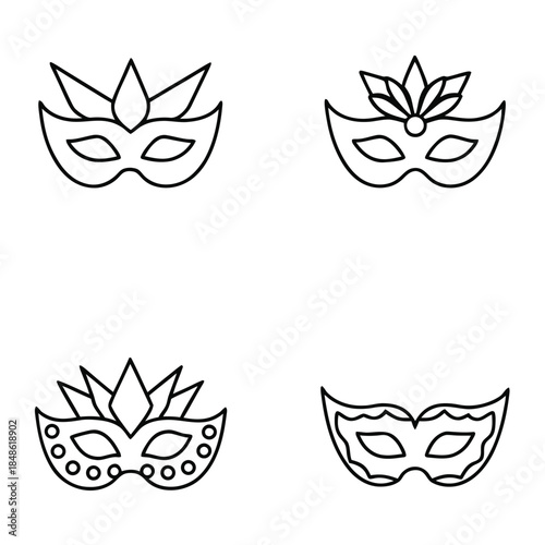 Four simple line art illustrations of masquerade masks are displayed against a white background.
