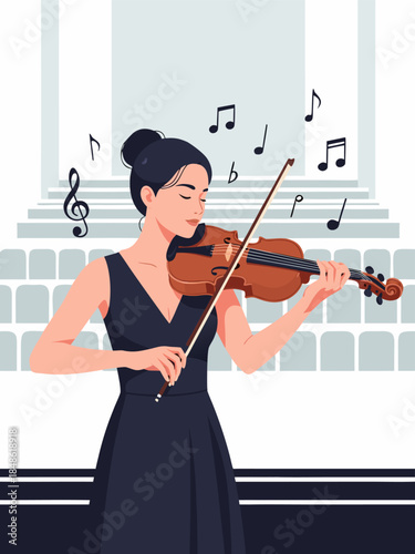 A young woman in a dark dress plays the violin with musical notes floating around her.