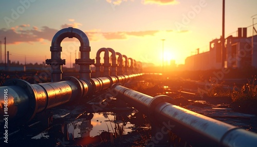 Industrial Pipelines Leading Into Sunset With Golden Hour Lighting and Environmental Details