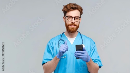 The doctor, a man with a phone in his hand, is in the clinic for planning a work day or online consultations, showing a class. Medicine online.