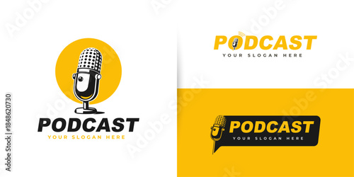 set Microphone radio podcast yellow logo design	