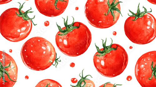 Watercolor tomato pattern with hand-drawn vegetables and botanical elements. Vintage food illustration featuring red tomatoes, green leaves, and organic farm-fresh produce design.