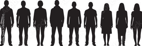 Silhouettes of eight people standing in a row on a white background