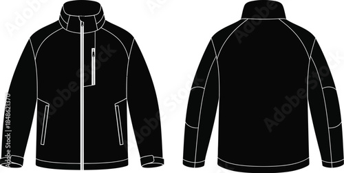 Black jacket design template front and back view for apparel branding