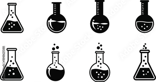 A collection of various black and white laboratory beakers and flasks