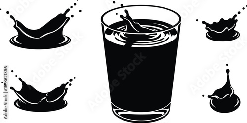 A black and white illustration of a glass of liquid with splashes