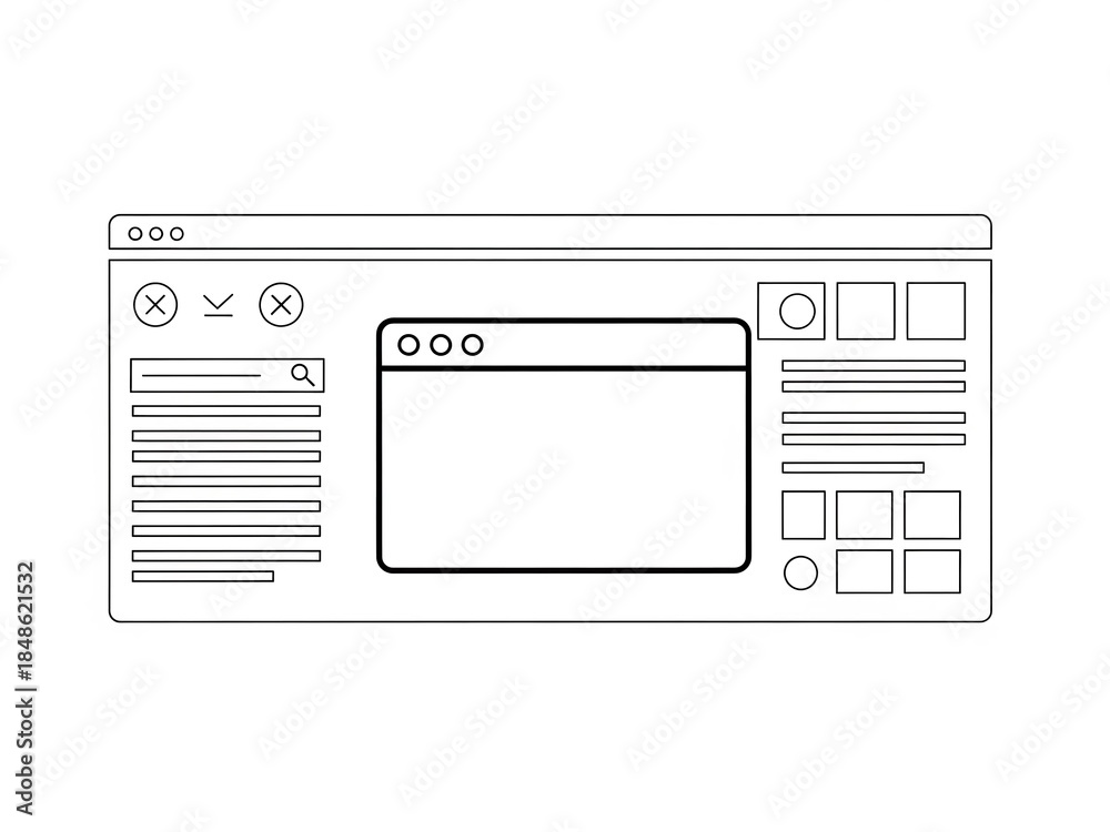 Fototapeta premium Wireframe browser window with navigation tools and blank content area for web design, development, and user interface, user experience on computer screen