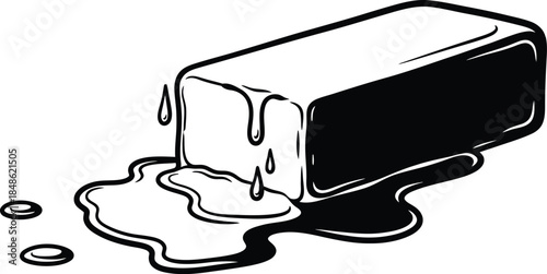 Melting black stick of butter with dripping liquid simple line art illustration