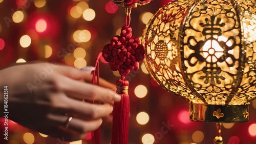 Preparing for Chinese New Year: Hands Carefully Hang a Red Knot on a Glowing Golden Lantern