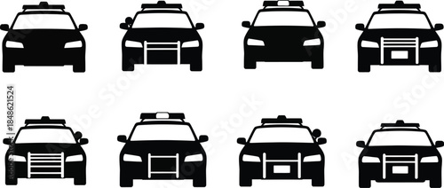 Black silhouettes of police cars in various front and side views
