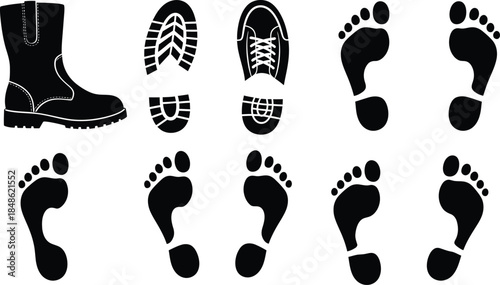 Black and white illustration of boots shoe prints and bare footprints
