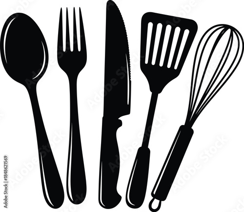 A set of black silhouette kitchen utensils including a spoon fork and whisk