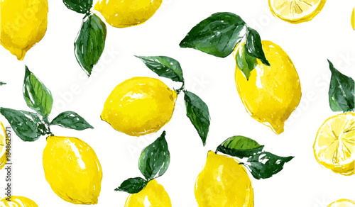 Vibrant lemon pattern with Italian citrus fruits and Mediterranean fcitrus fruits on  summer background, perfect for vintage textile design and tropical botanical illustrations.