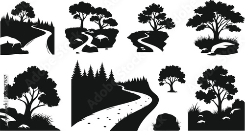 Silhouette collection of trees foliage rivers and natural landscape elements
