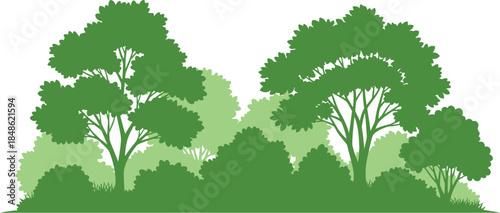 A simple green illustration depicts a row of trees and lush foliage