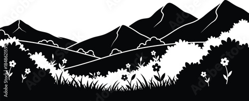 A minimalist black and white landscape featuring mountains flowers and grassy fields
