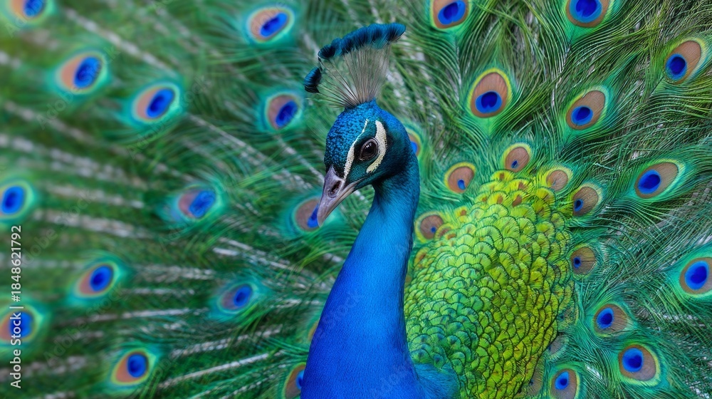 Obraz premium In a vibrant garden filled with colorful flora, a peacock proudly spreads its stunning feathers, showcasing iridescent blues and greens under the warm sunlight. Its noble presence captivates all