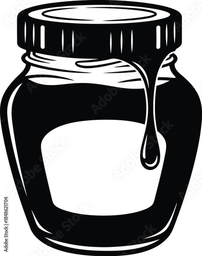 A black and white illustration of a glass jar with dripping contents