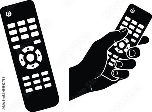 Two black remote controls and a hand holding one simple icon design