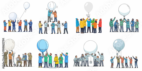 Scientific team preparing and launching weather balloons (radiosondes) for atmospheric monitoring, meteorological research, and data collection.