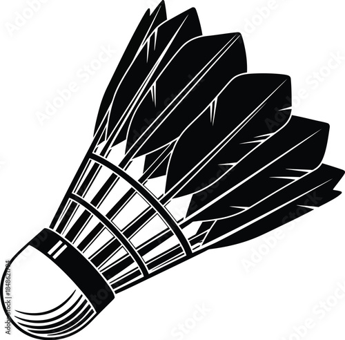 A black and white illustration of a badminton shuttlecock in a detailed style