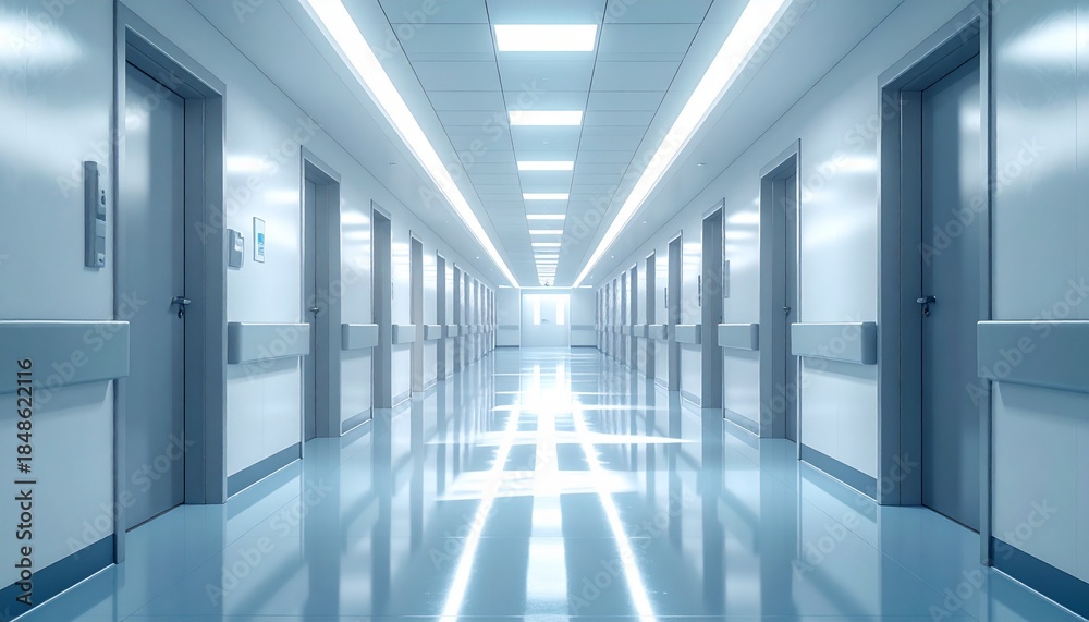 Fototapeta premium Modern Hospital Hallway with Bright Lighting, Doors, and Reflective Floor